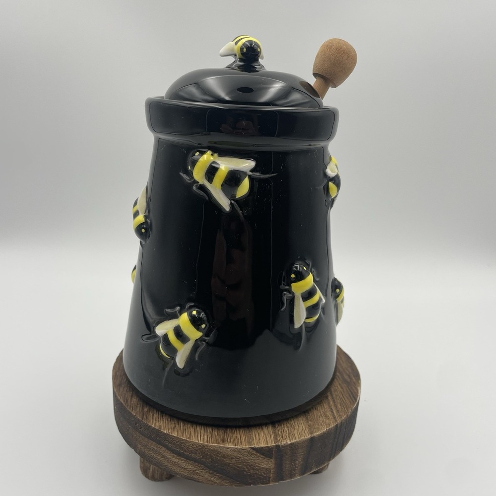 Vintage Ceramic Honey Pot Bumble Bee Hive‎ and Wooden Honey Dipper Farmhouse